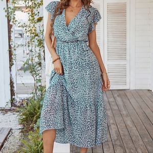 Womens Floral Summer Wrap V Neck Short Sleeve Belted Ruffle Bohemian Dress